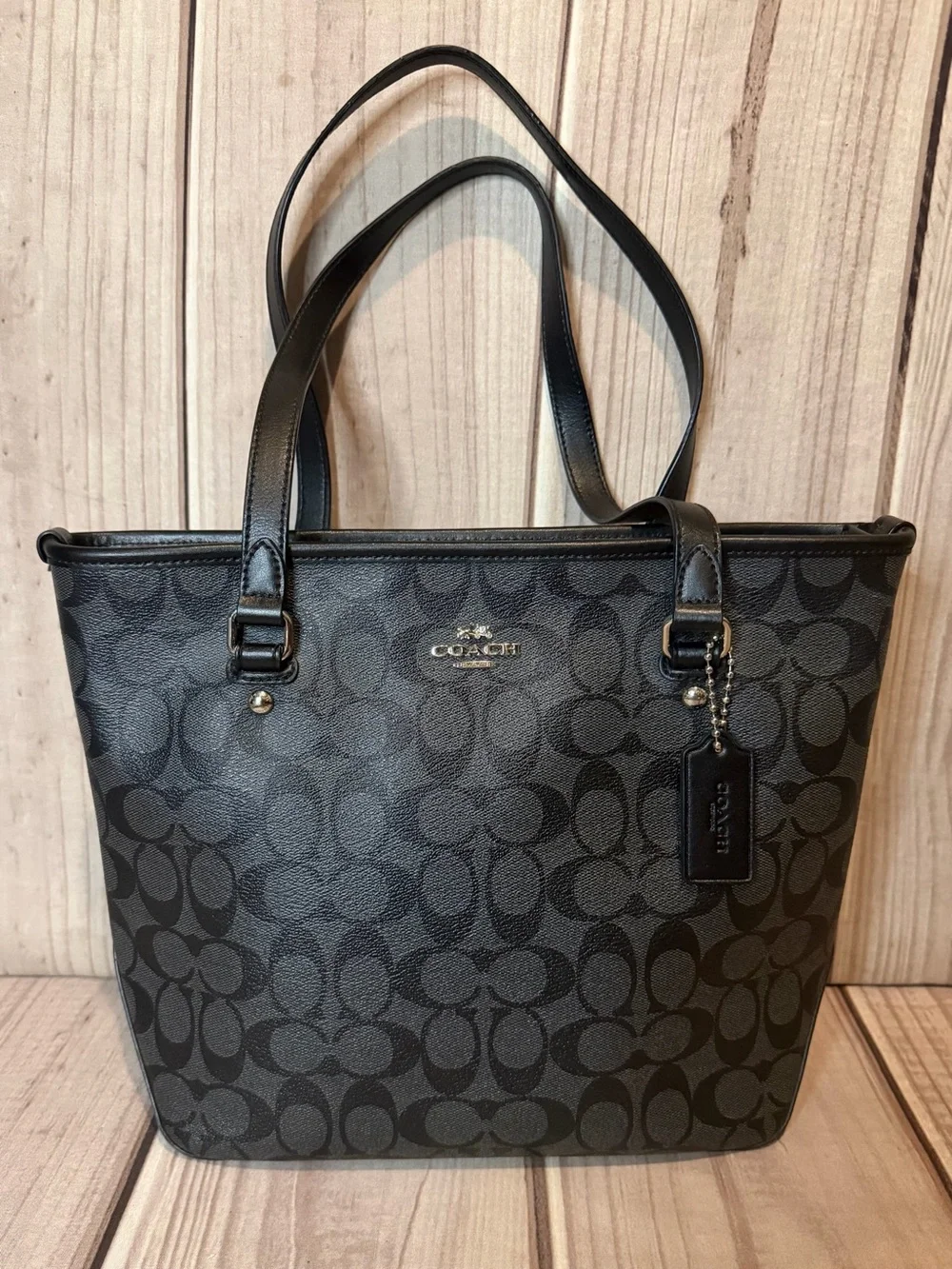Coach Signature Logo Tote Bag Black Double Handles Silver Hardware